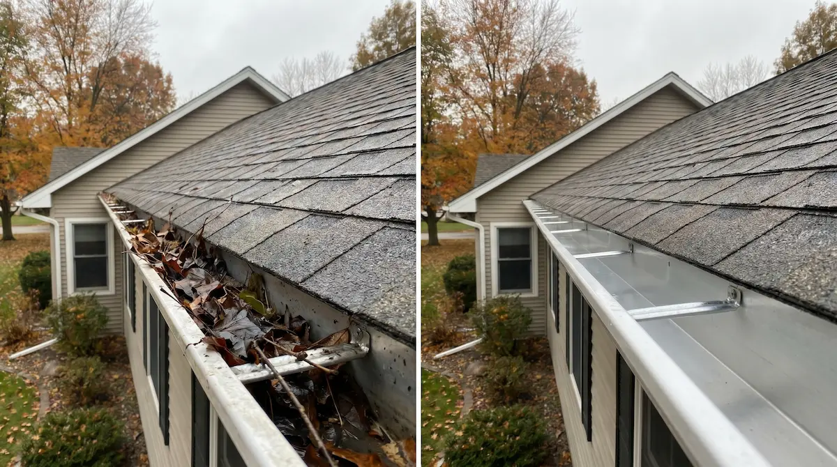 Clogged gutters before and after gutter guard installation